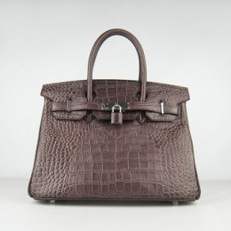 Hermes Birkin 30Cm Crocodile Stripe Handbags Dark Coffee Silver